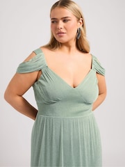 Yours Curve Green London Metallic Mesh Cold Shoulder Dress - Image 6 of 8