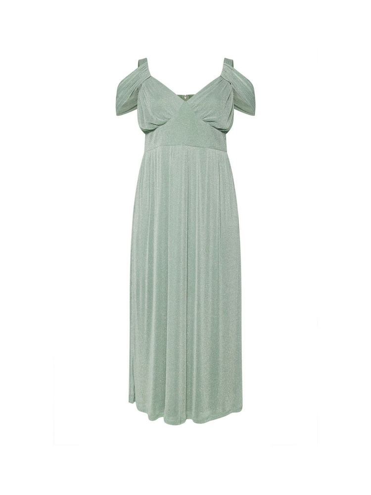 Yours Curve Green London Metallic Mesh Cold Shoulder Dress - Image 8 of 8