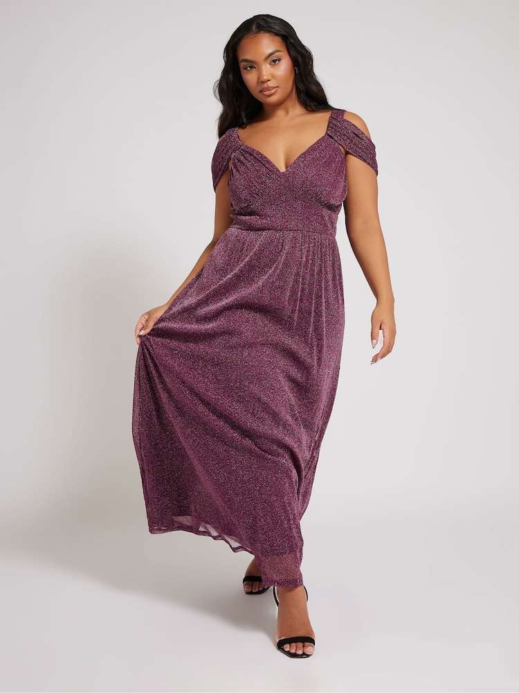 Yours Curve Purple London Metallic Mesh Cold Shoulder Dress - Image 1 of 5