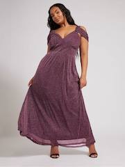 Yours Curve Purple London Metallic Mesh Cold Shoulder Dress - Image 2 of 5