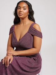 Yours Curve Purple London Metallic Mesh Cold Shoulder Dress - Image 4 of 5