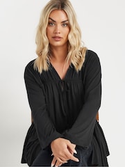 Yours Curve Black Tie Front Gathered Tiered Blouse - Image 1 of 5
