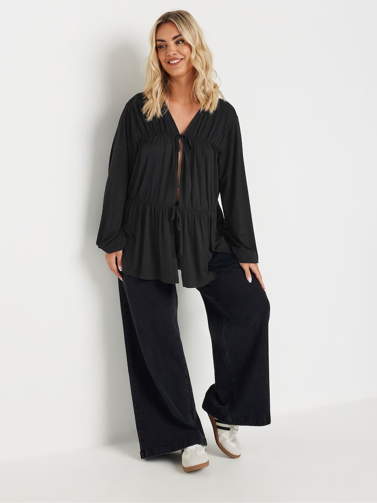 Yours Curve Black Tie Front Gathered Tiered Blouse - Image 2 of 5