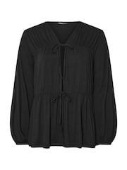 Yours Curve Black Tie Front Gathered Tiered Blouse - Image 5 of 5