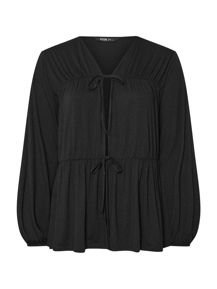 Yours Curve Black Tie Front Gathered Tiered Blouse - Image 5 of 5