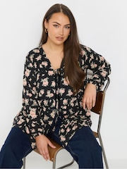 Yours Curve Black Tie Front Floral Blouse - Image 1 of 5