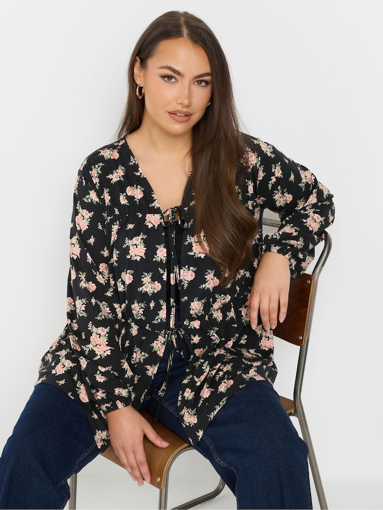 Yours Curve Black Tie Front Floral Blouse - Image 1 of 5
