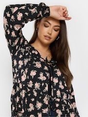 Yours Curve Black Tie Front Floral Blouse - Image 4 of 5