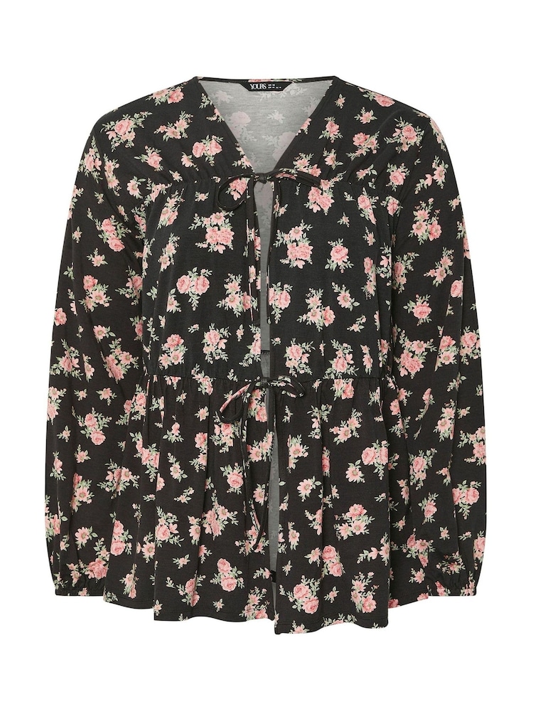 Yours Curve Black Tie Front Floral Blouse - Image 5 of 5