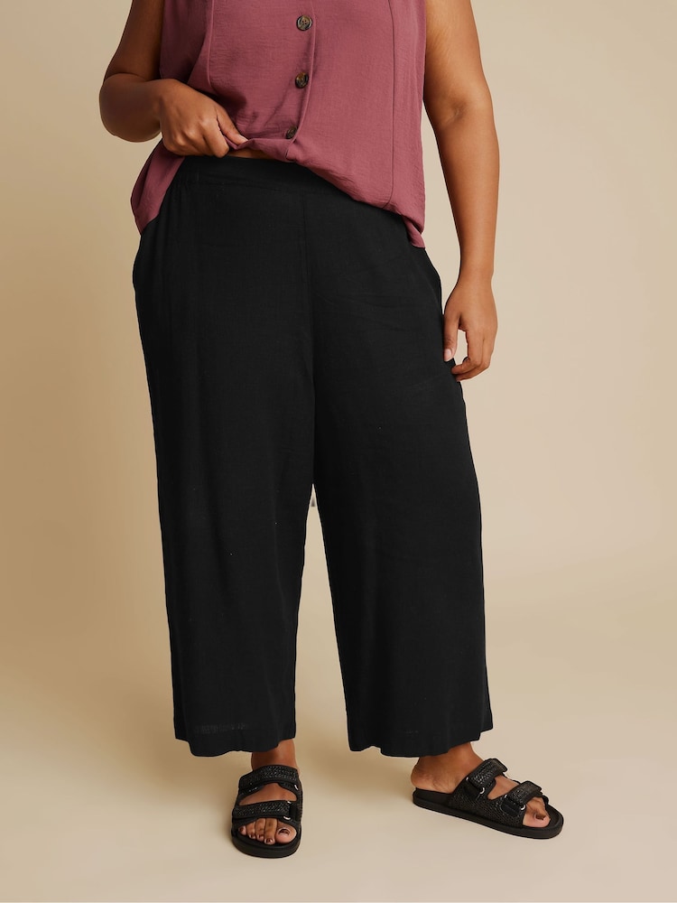 Yours Curve Black Linen Cropped Pull On Wide Leg Trousers - Image 1 of 5 Yours Curve Black Linen Cropped Pull On Wide Leg Trousers - Image 1 of 5