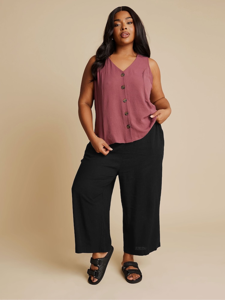 Yours Curve Black Linen Cropped Pull On Wide Leg Trousers - Image 2 of 5 Yours Curve Black Linen Cropped Pull On Wide Leg Trousers - Image 2 of 5