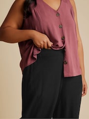 Yours Curve Black Linen Cropped Pull On Wide Leg Trousers - Image 4 of 5
