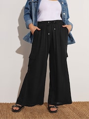 Yours Curve Black Linen Cargo Trousers - Image 1 of 5