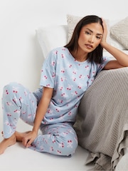 PixieGirl Petite Blue Cherry Bows Tapered 100% Cotton Pyjama Set - Image 1 of 4