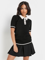 PixieGirl Petite Black Tipping Knitted Polo Shirt - Image 1 of 6