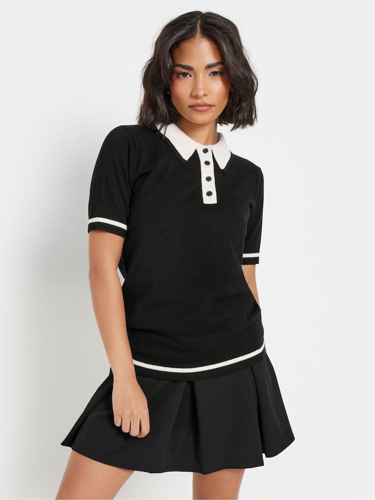 PixieGirl Petite Black Tipping Knitted Polo Shirt - Image 1 of 6