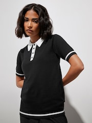 PixieGirl Petite Black Tipping Knitted Polo Shirt - Image 5 of 6