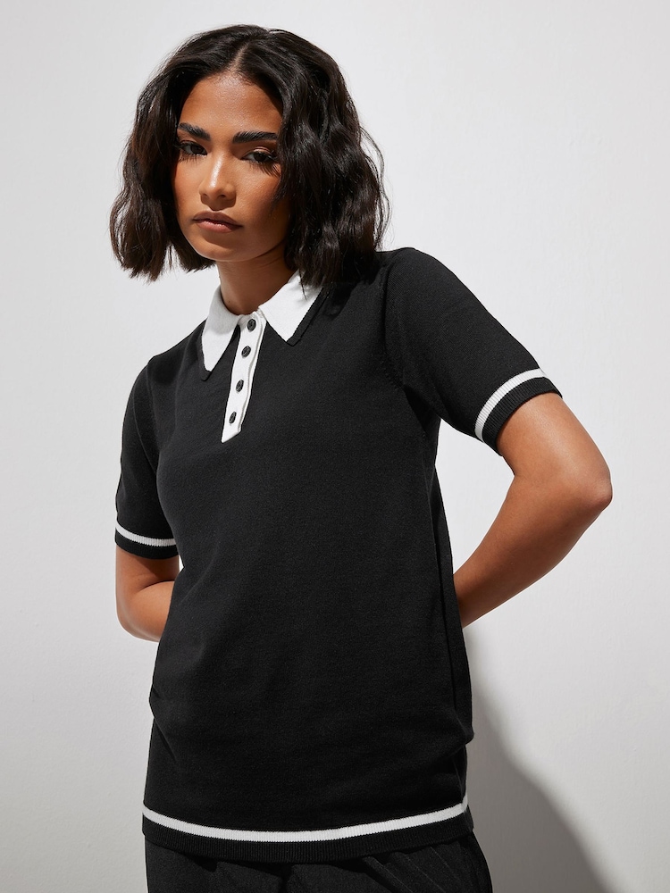 PixieGirl Petite Black Tipping Knitted Polo Shirt - Image 5 of 6