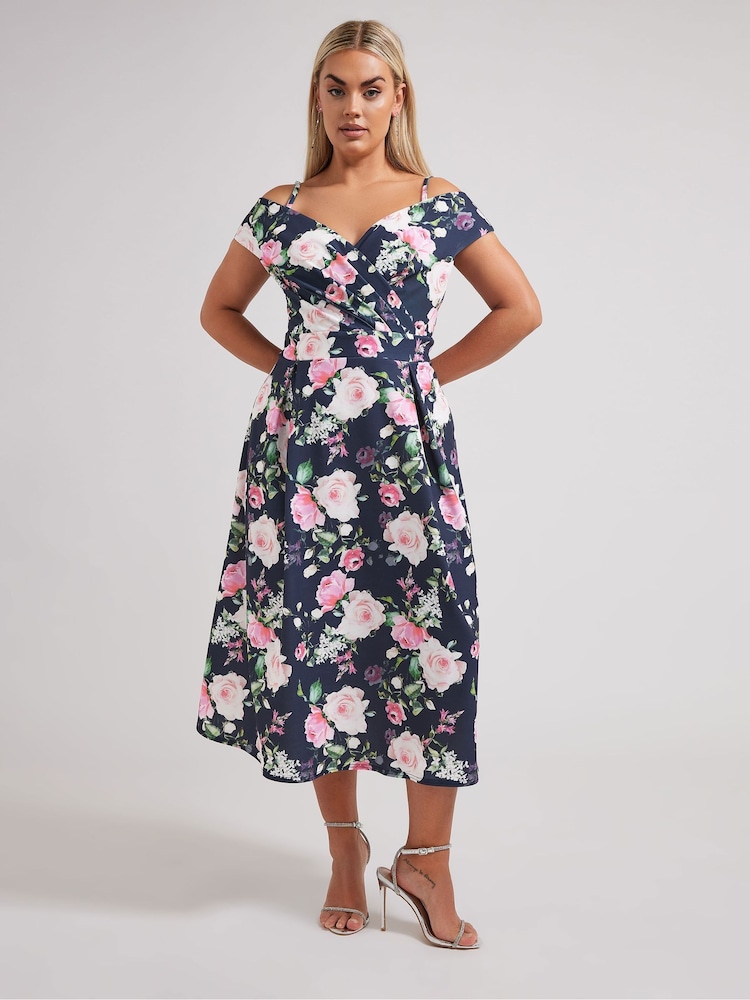 Yours Curve Blue London Floral Cold Shoulder Bardot Dress - Image 2 of 5
