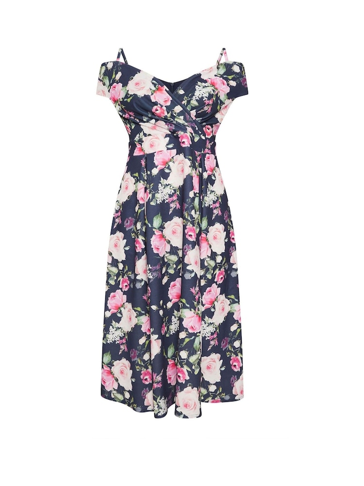 Yours Curve Blue London Floral Cold Shoulder Bardot Dress - Image 5 of 5