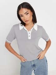 PixieGirl Petite Grey Tipping Knitted Polo Shirt - Image 1 of 10