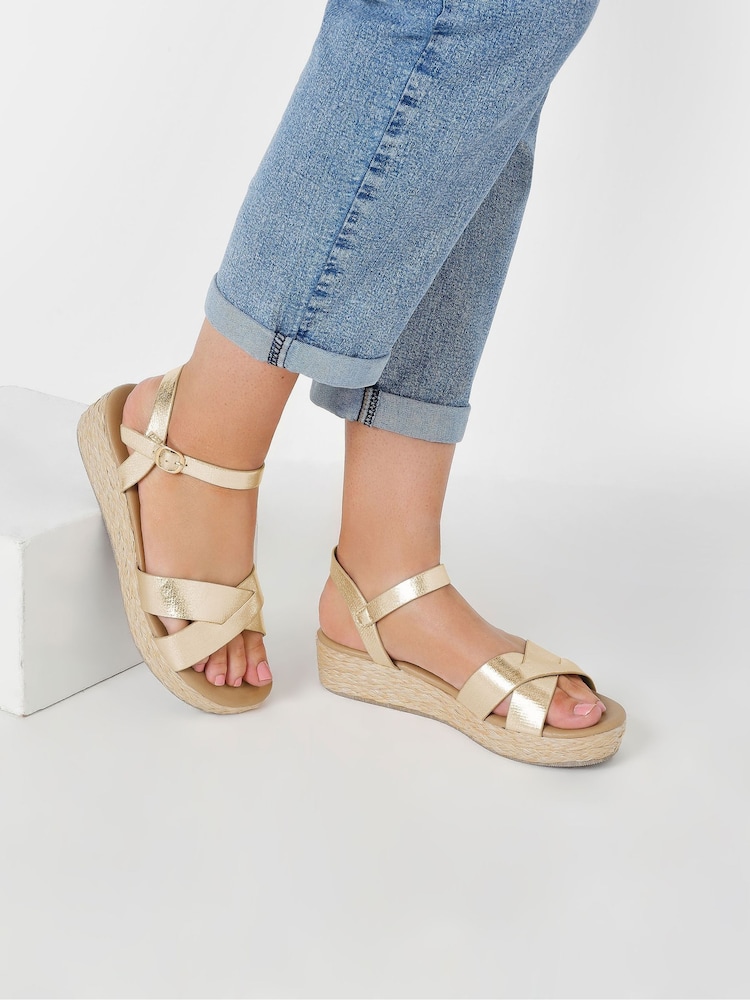 Yours Curve Gold Wide Fit Cross Espadrille Wedges - Image 1 of 1