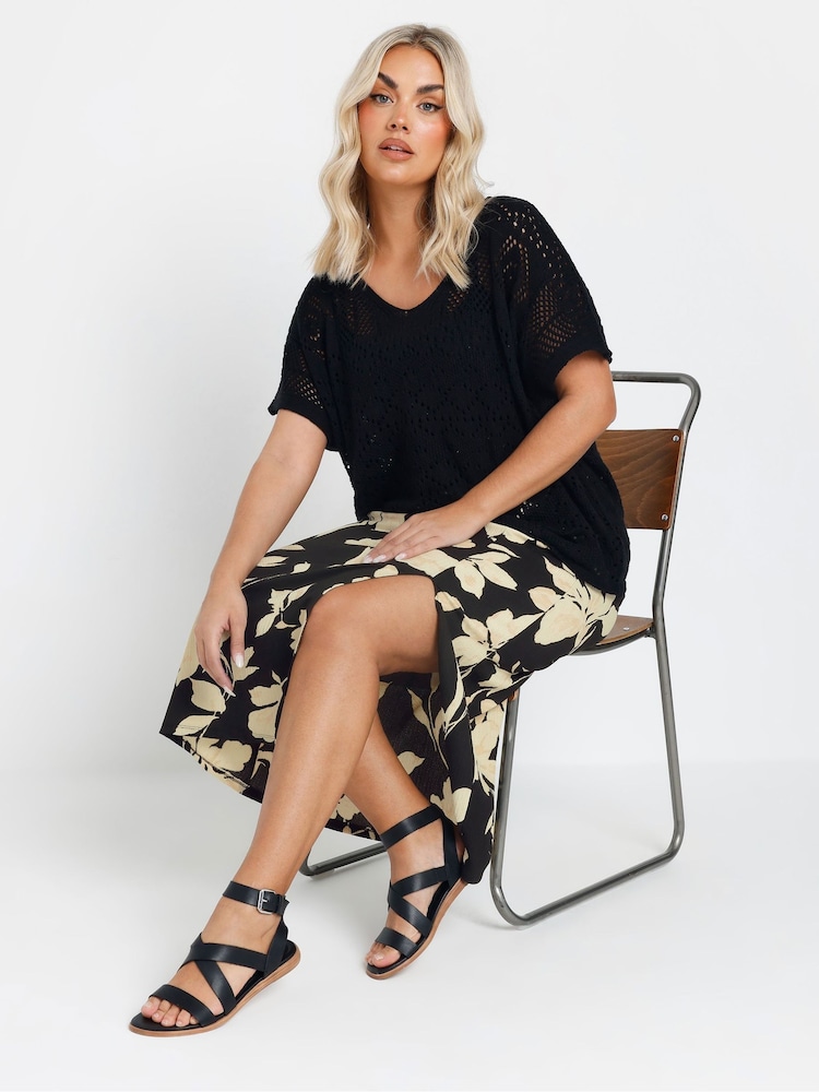 Yours Curve Black Floral Textured Maxi Skirt - Image 2 of 5