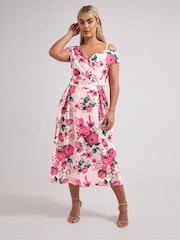 Yours Curve Pink London Floral Cold Shoulder Bardot Dress - Image 1 of 5