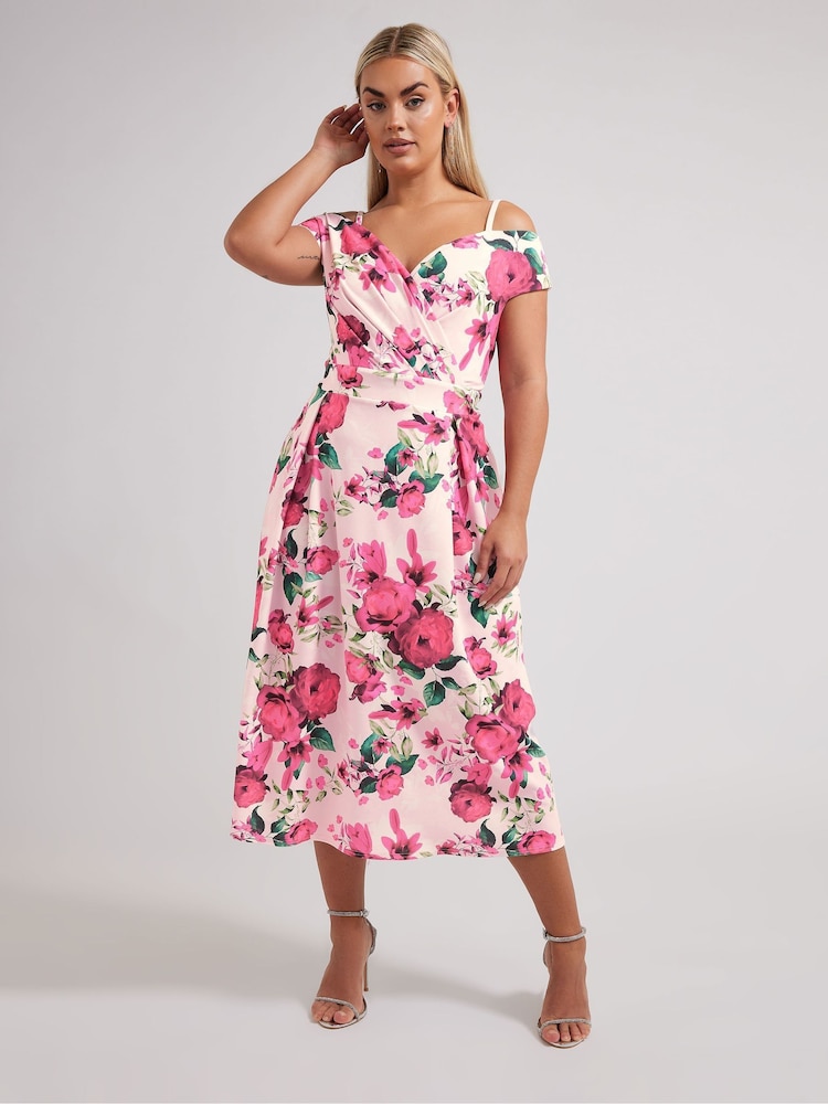 Yours Curve Pink London Floral Cold Shoulder Bardot Dress - Image 1 of 5