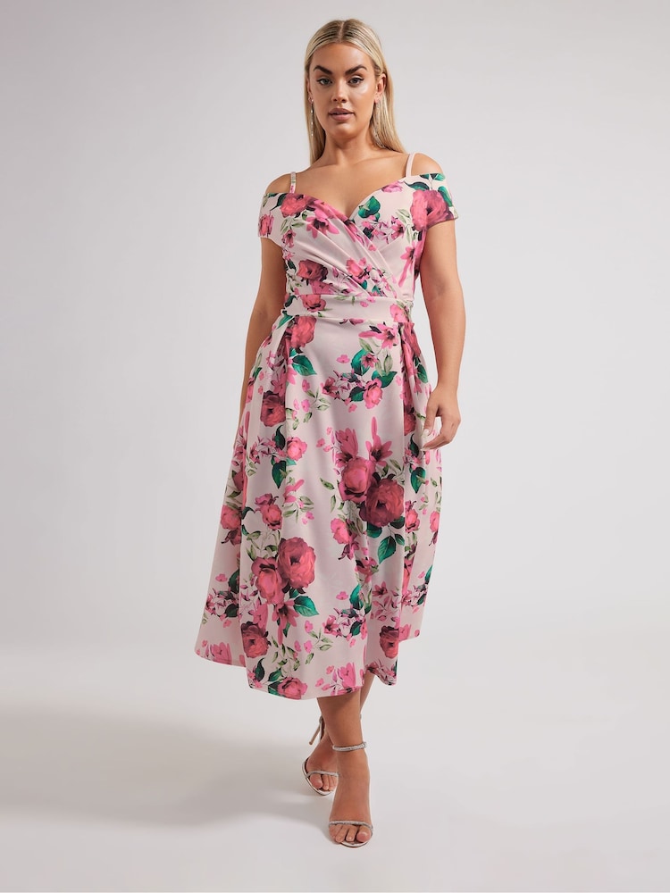 Yours Curve Pink London Floral Cold Shoulder Bardot Dress - Image 2 of 5