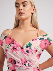 Yours Curve Pink London Floral Cold Shoulder Bardot Dress - Image 3 of 5