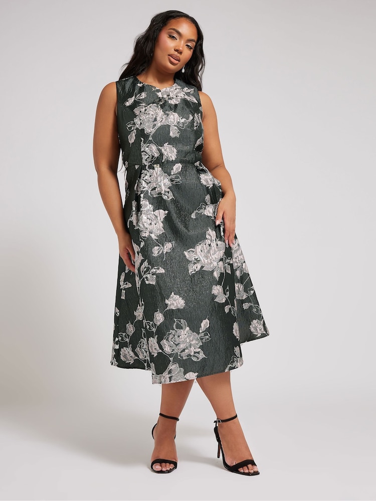 Yours Curve Black London Jacquard Floral Notch Neck Dress - Image 2 of 5