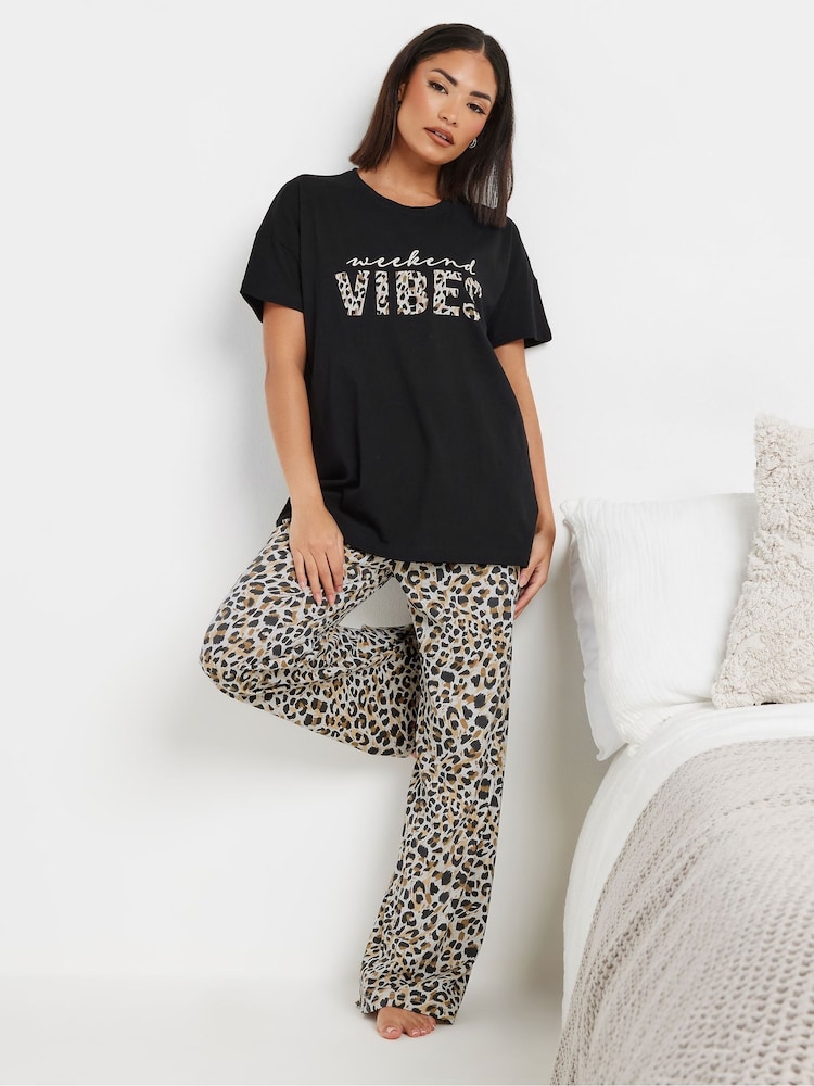 PixieGirl Petite Black Weekend Vibes Wide Leg Pyjamas Set - Image 1 of 4