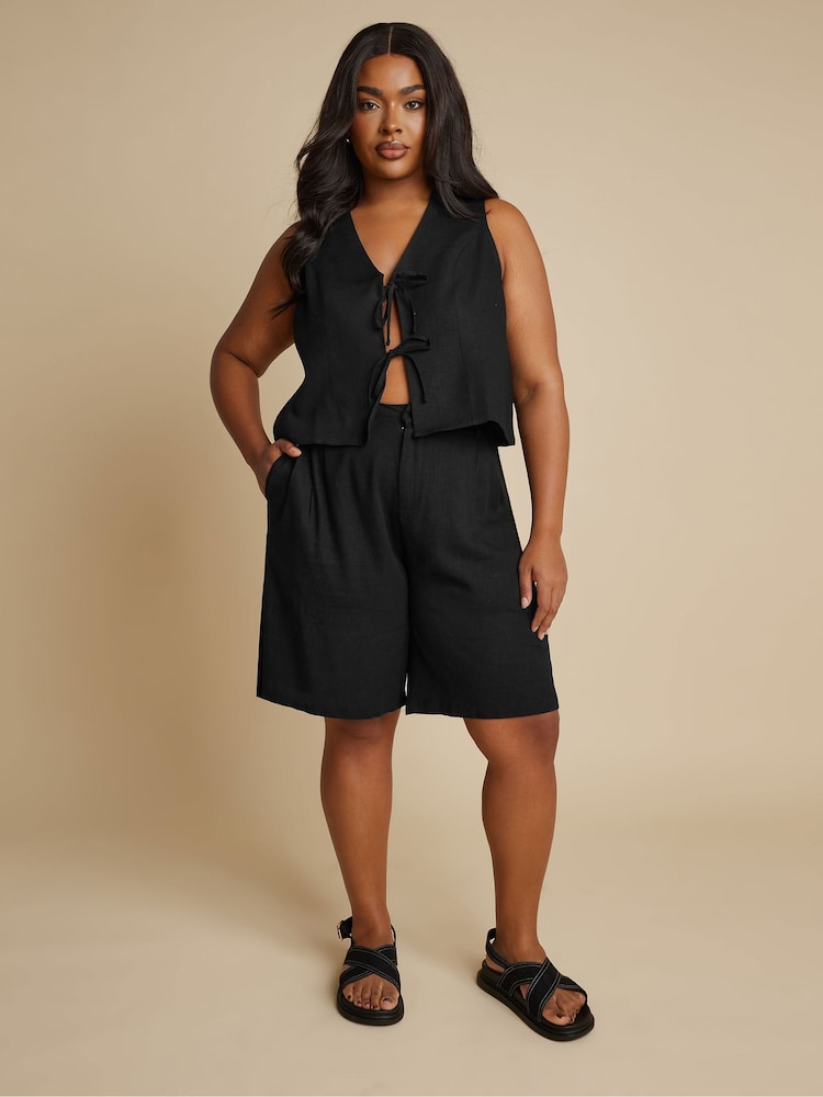 Yours Curve Black Linen Bermuda Shorts - Image 1 of 5