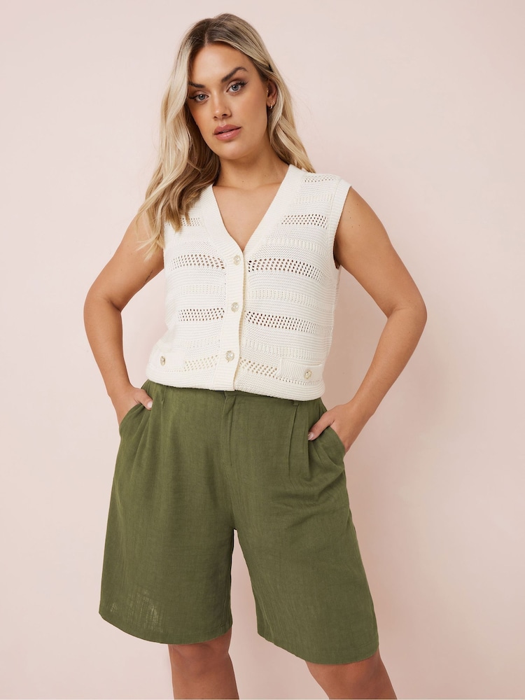 Yours Curve Green Linen Bermuda Shorts - Image 2 of 5