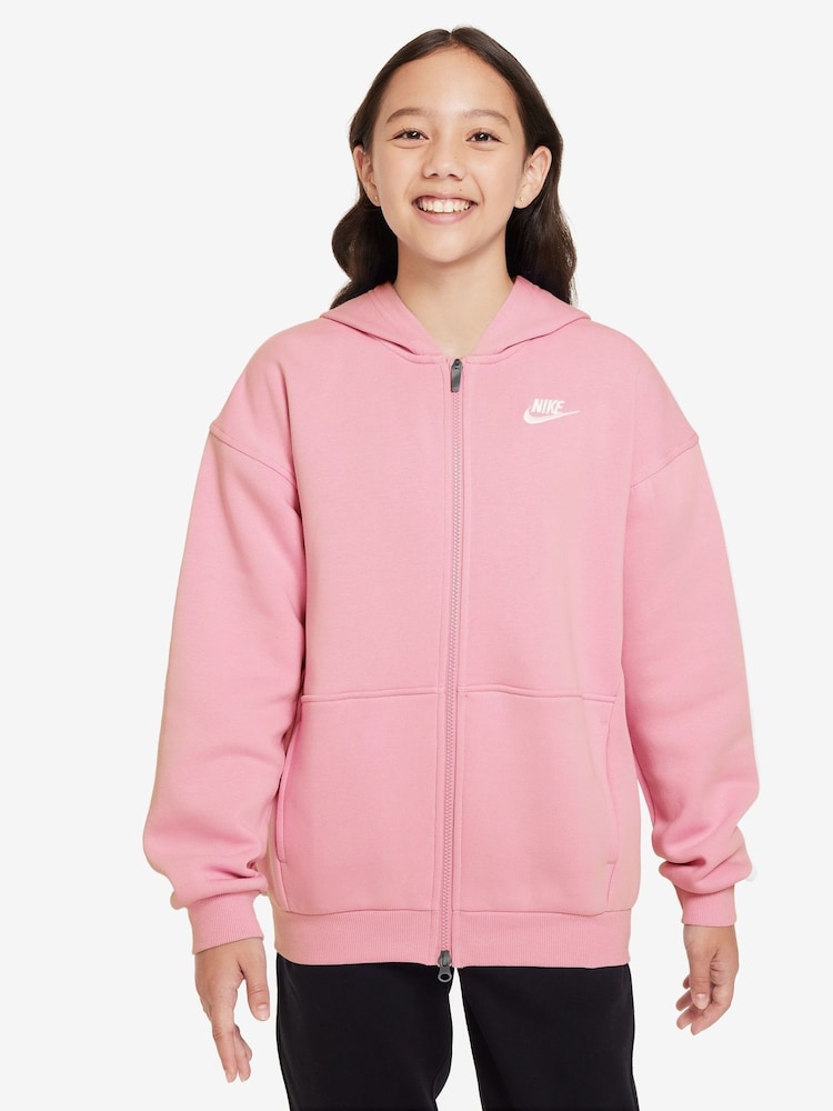 Nike Soft Pink Oversized College Club Fleece Zip-Up Hoodie - Image 1 of 3