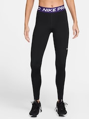 Nike Black/Court Purple Pro Mid Rise Mesh Panelled Leggings - Image 1 of 3