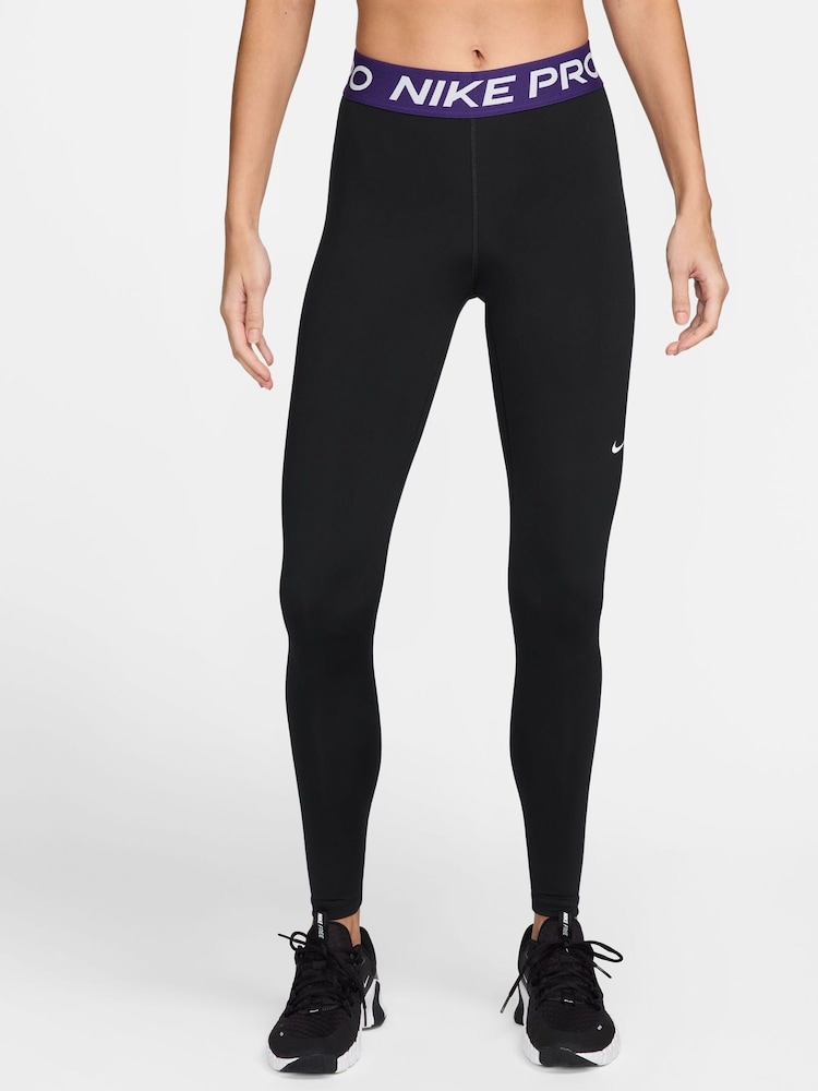 Nike Black/Court Purple Pro Mid Rise Mesh Panelled Leggings - Image 1 of 3 Nike Black/Court Purple Pro Mid Rise Mesh Panelled Leggings - Image 1 of 3