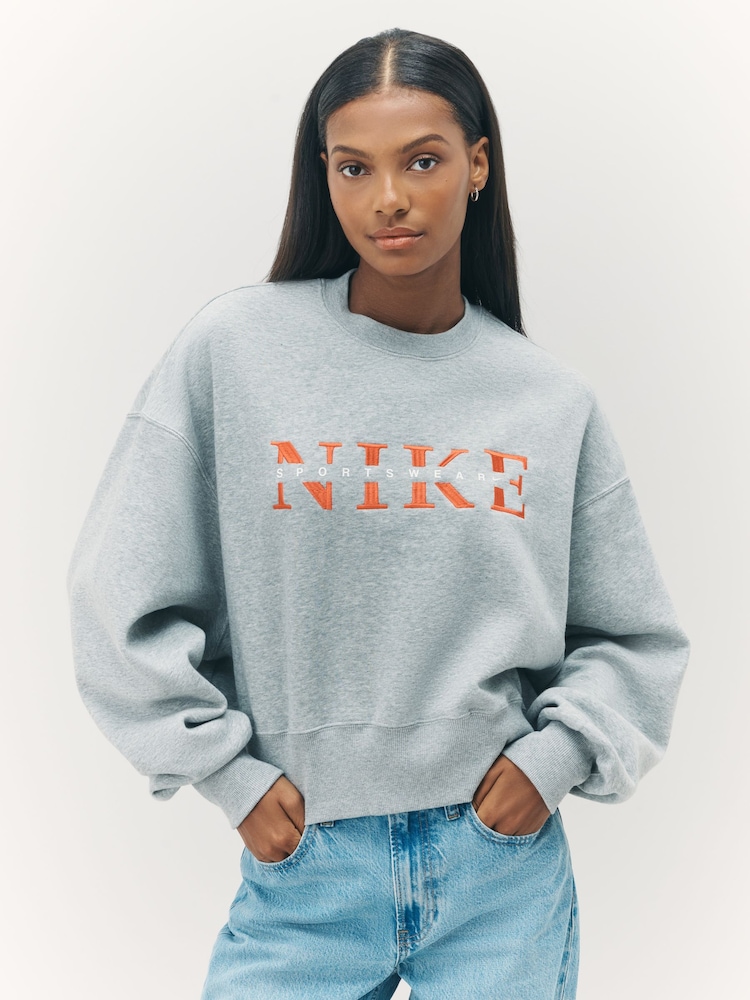 Nike Dark Grey Heather Phoenix Fleece Graphic Print Logo Sweatshirt - Image 1 of 8