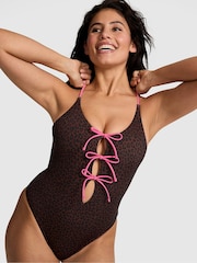 Victoria's Secret PINK Brown Leopard Tie Front Swimsuit - Image 1 of 3