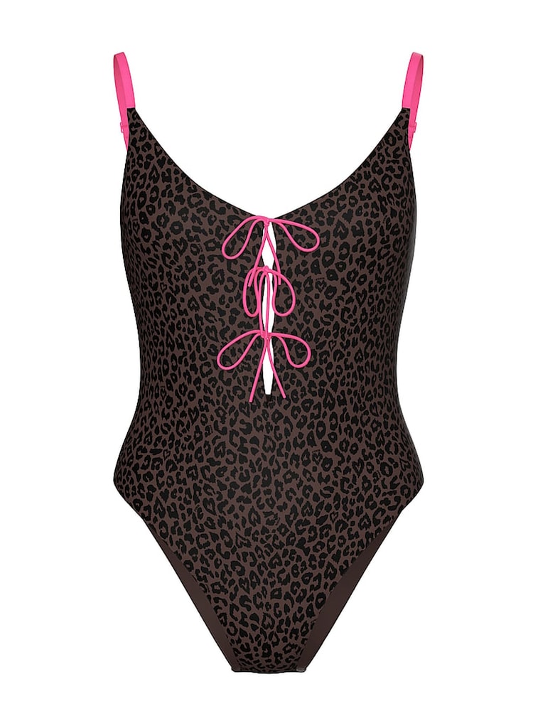Victoria's Secret PINK Brown Leopard Tie Front Swimsuit - Image 3 of 3