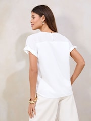 Lipsy White Satin Chiffon Mix Keyhole Detail T-Shirt - Image 4 of 4