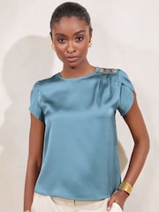 Lipsy Blue Petite Tulip Sleeve Round Neck Button Detail Satin Top - Image 1 of 4