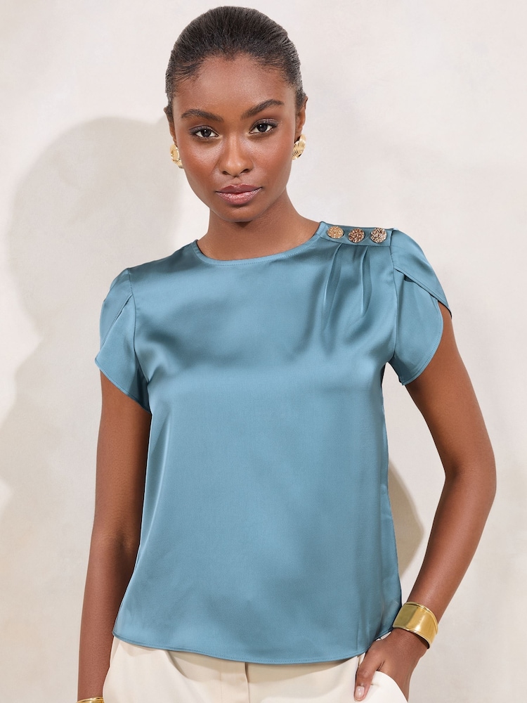 Lipsy Blue Petite Tulip Sleeve Round Neck Button Detail Satin Top - Image 1 of 4