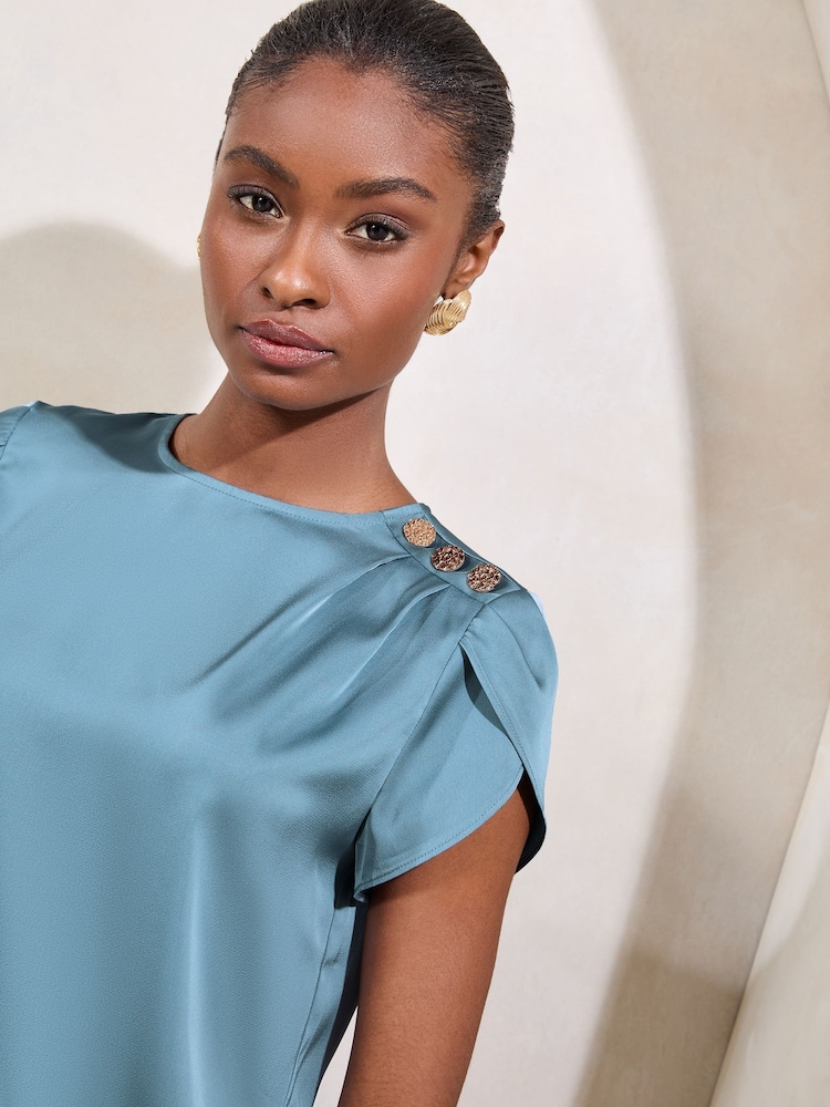Lipsy Blue Petite Tulip Sleeve Round Neck Button Detail Satin Top - Image 2 of 4