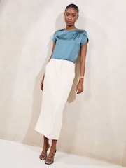 Lipsy Blue Petite Tulip Sleeve Round Neck Button Detail Satin Top - Image 3 of 4