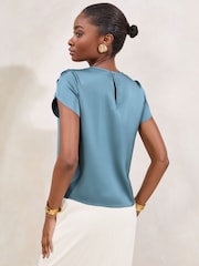 Lipsy Blue Petite Tulip Sleeve Round Neck Button Detail Satin Top - Image 4 of 4