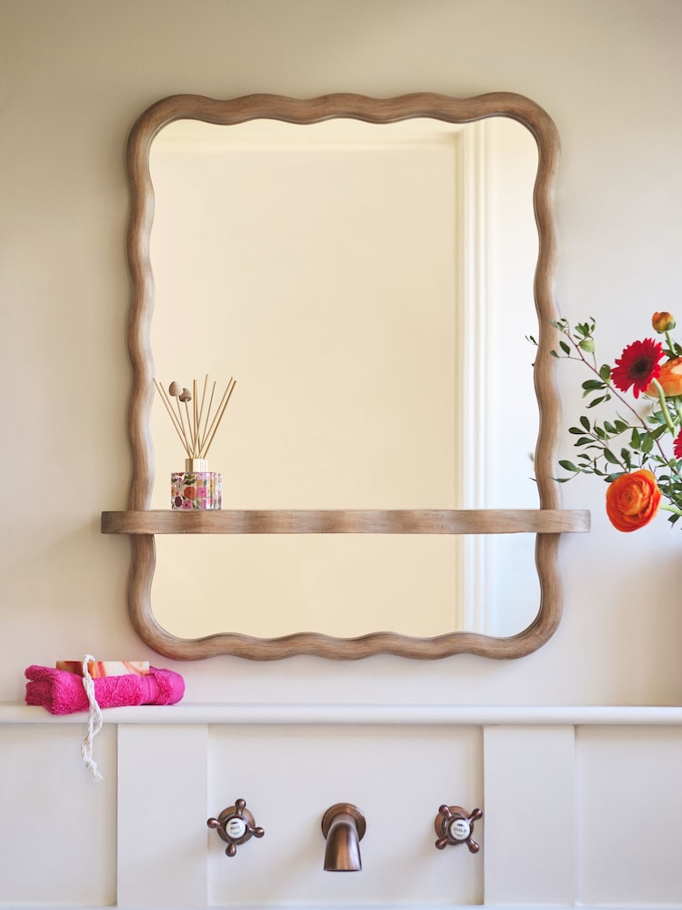 Natural Wavy Pine Wood Shelf Bathroom Wall Mirror - Image 1 of 4 Natural Wavy Pine Wood Shelf Bathroom Wall Mirror - Image 1 of 4