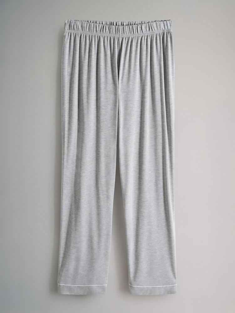 The Set Navy/Grey Marl 2 Pack Viscose Blend Button Through Long Pyjamas with Piping - Image 3 of 7