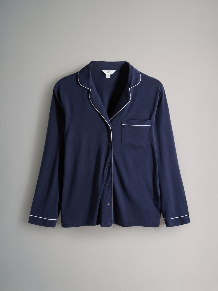 The Set Navy/Grey Marl 2 Pack Viscose Blend Button Through Long Pyjamas with Piping - Image 4 of 7